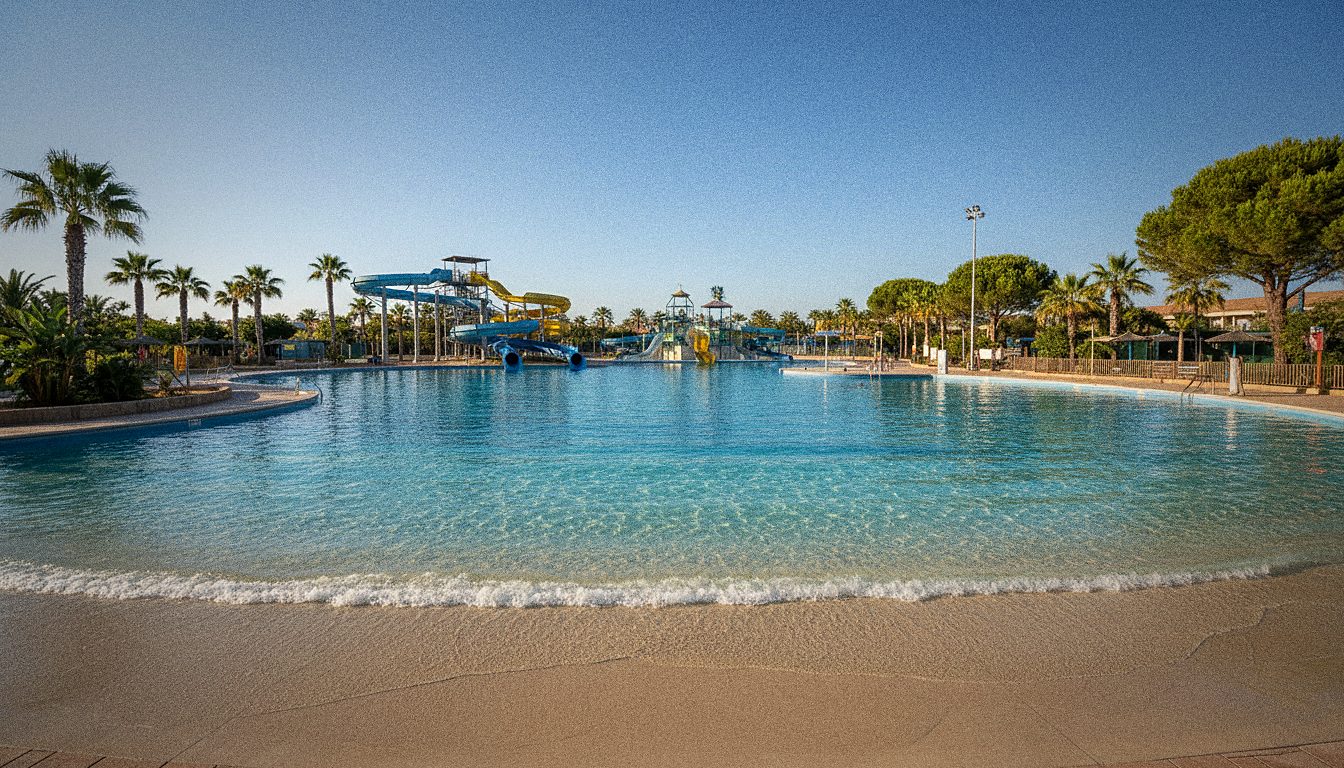 Familia disfrutando de la piscina de olas en Aquopolis La Pineda