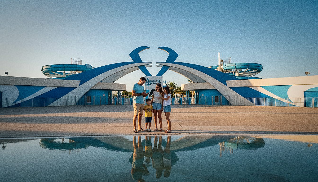 Familia con niños comprobando la entrada en el móvil antes de acceder a Aquopolis La Pineda