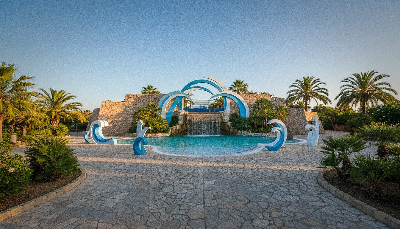 Acceso de entrada al parque acuático Aquopolis La Pineda en la Costa Daurada